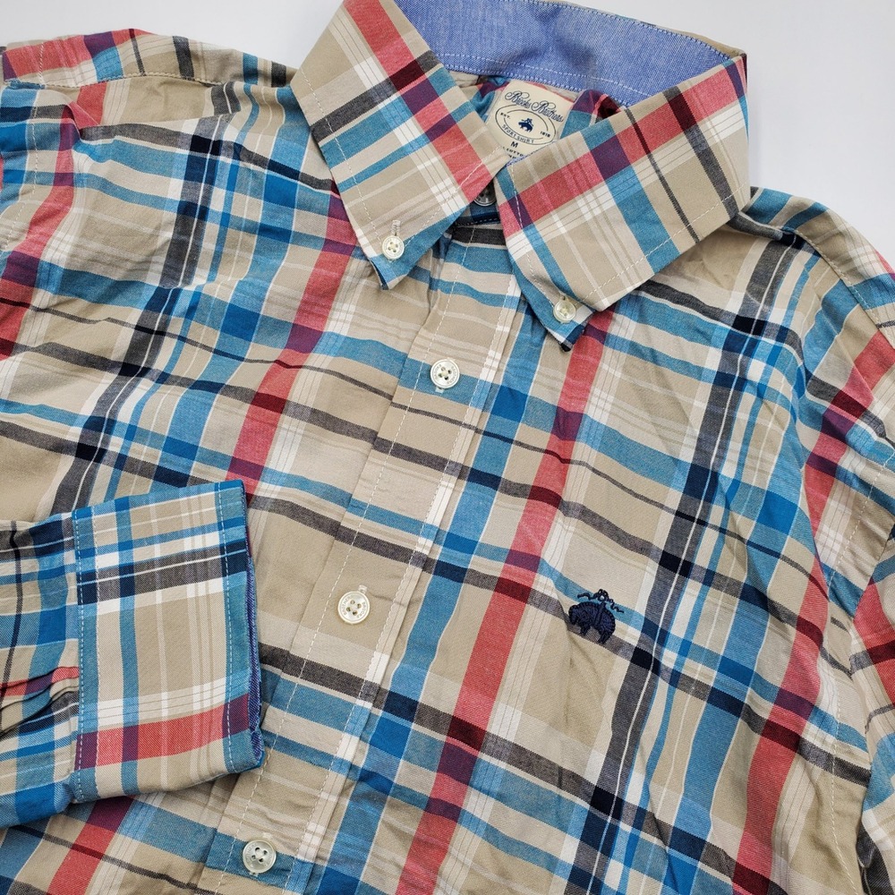 Brooks Brothers Mens Sport Shirt M Plaid Button Down Blue Tan Red Flawed